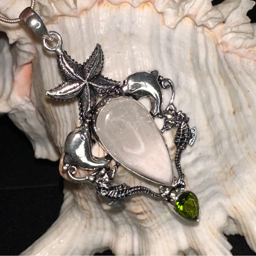 Rainbow Moonstone teardrop gem + Starfish + Dolphin handmade statement Pendant
